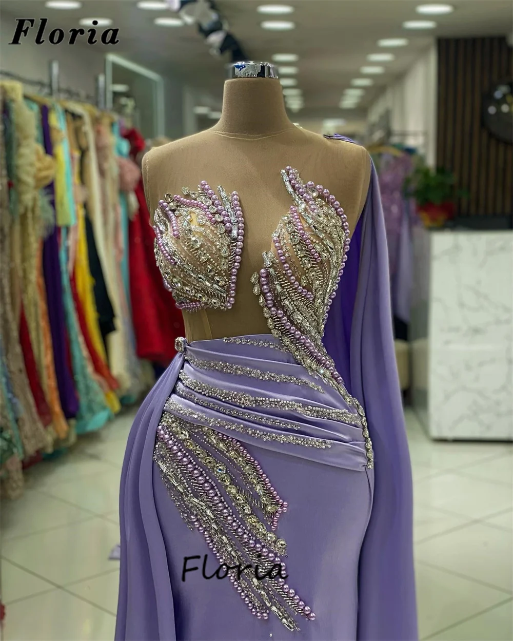 

Unique Design Pearls Purple Evening Dresses Customize Beaded Crystals Women Prom Dress With Slit Train Dubai Wedding Party Gowns