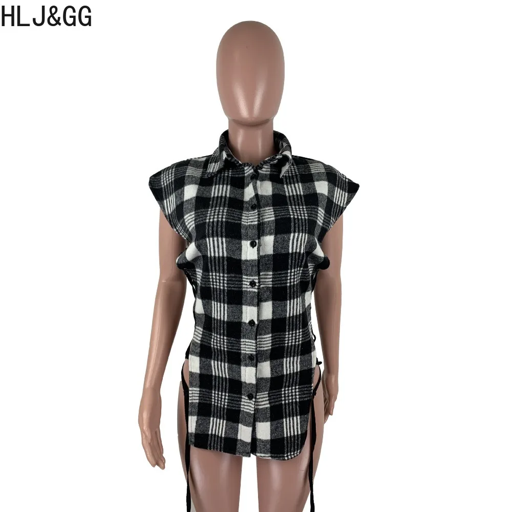 HLJ&GG Spring New Plaid Print Side Bandage Tops Women Turndown Collar Short Sleeve Button Slim Shirt Casual Female Irregular Top