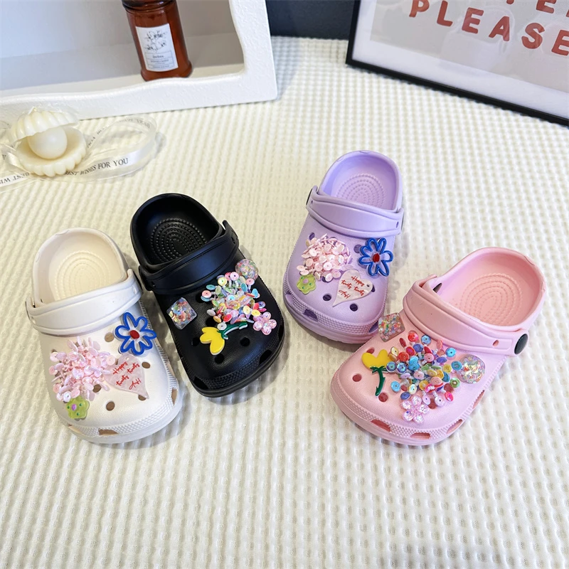 어린이 DIY 장식 클로그 여자아이 귀여운 꽃 스팽글 참 슬립온 샌들 남자아이 미끄럼 방지 정원/해변 신발 탈부착 가능한 참