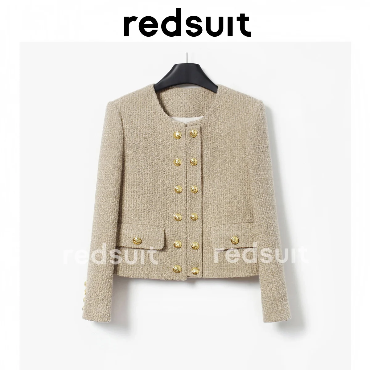 

Premium Double Breasted Tweed Woven Small Fragrance Coat Round Neck Fashionable Versatile Khaki Top