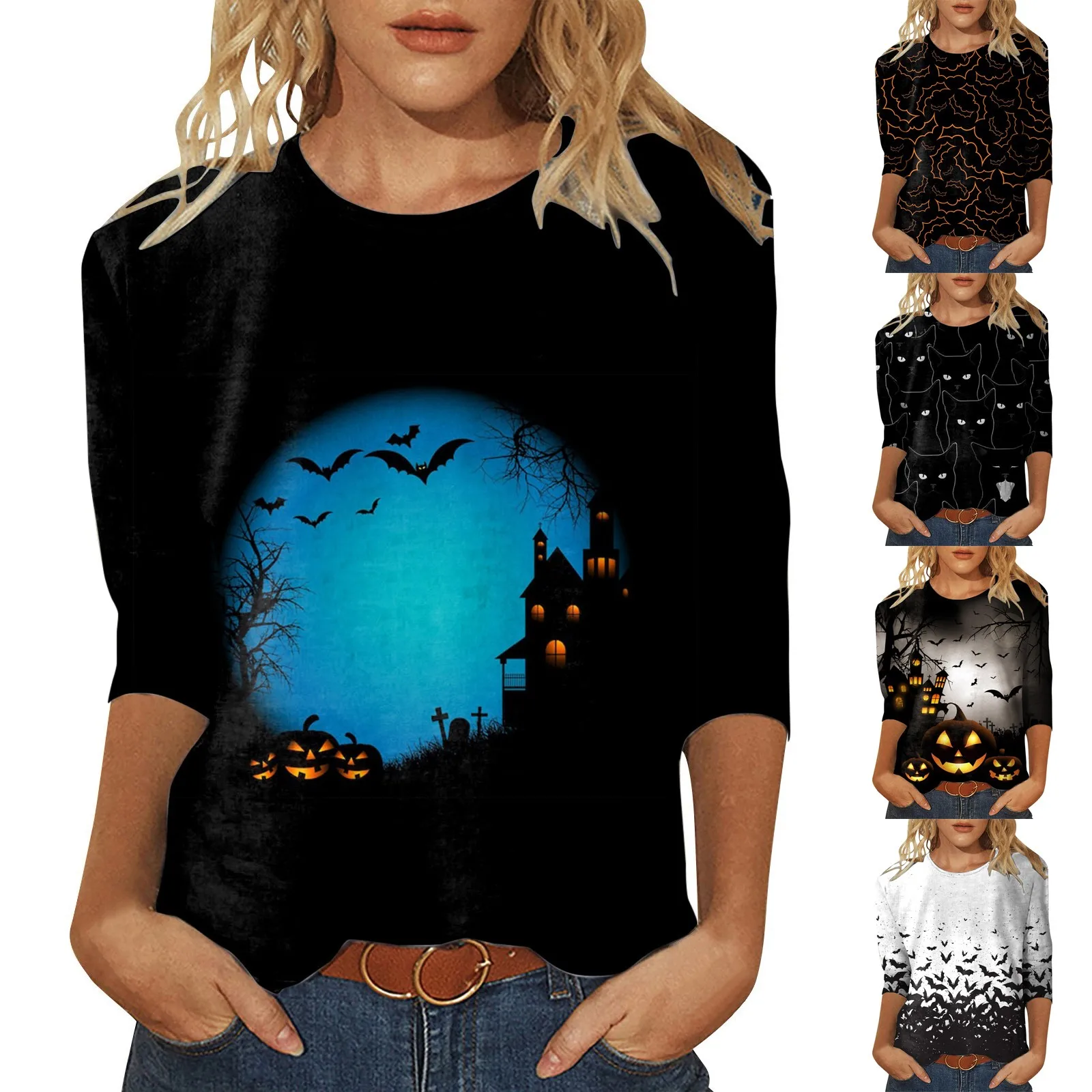 

Women's Fashion Casual Three Quarter Sleeve Halloween Print Round Neck Pullover Top Blouse Eye-Catching Women's Trench Pullovers