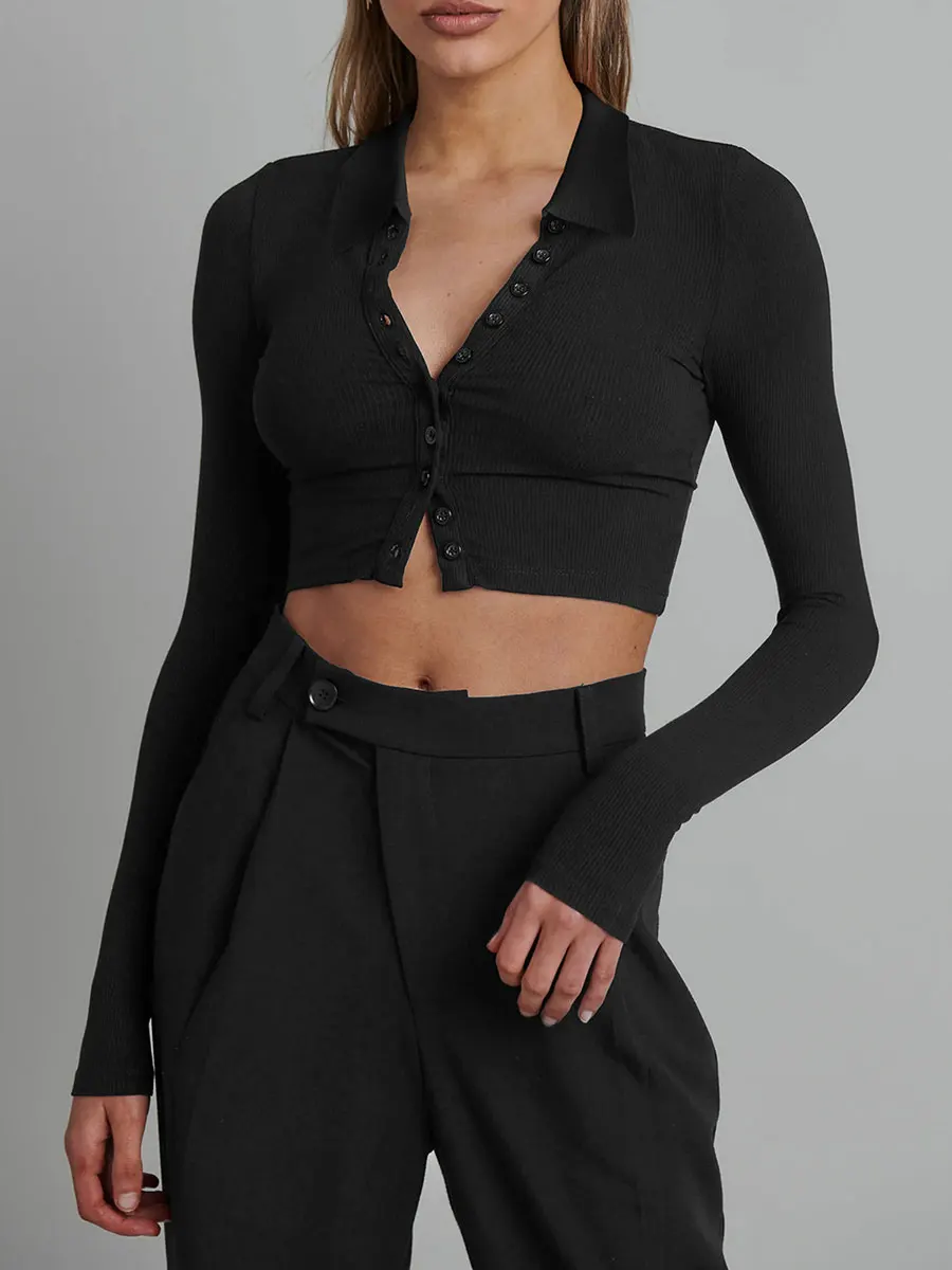 

Женский Укороченный кардиган в рубчик, шикарные однотонные Топы с длинным рукавом, базовые рубашки, Повседневная Блузка на пуговицах для клуба, уличная одежда на осень и весну