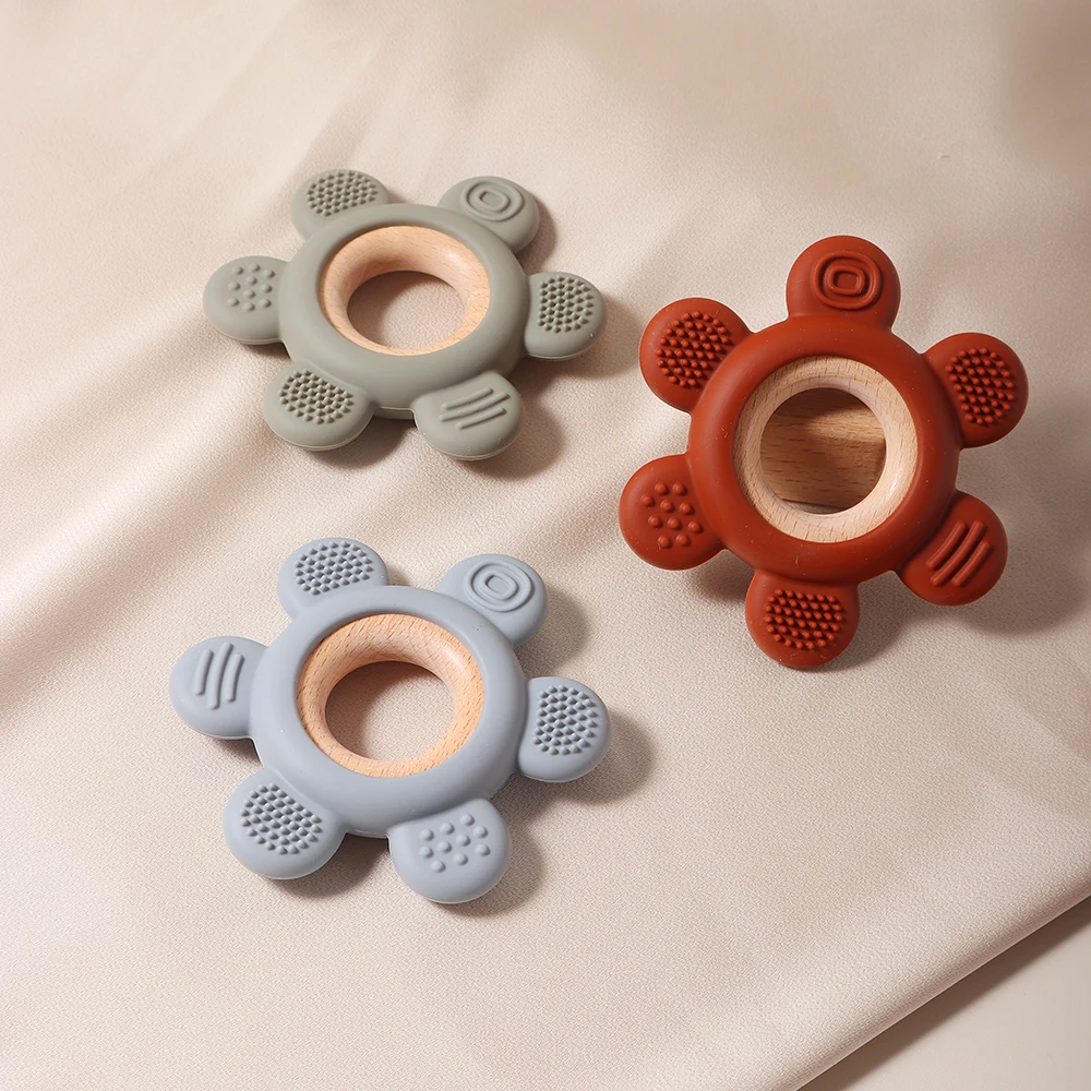 new Baby rudder shape silicone teether Food Grade Safe Teether with wooden ring Toy Teething gift