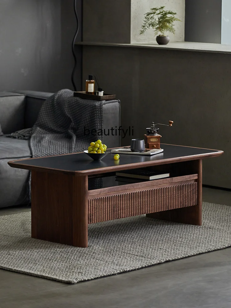 

Coffee Table Living Room Home Small Apartment Black Walnut Stone Plate Simplicity Modern Small Table Solid Wood Tea Table
