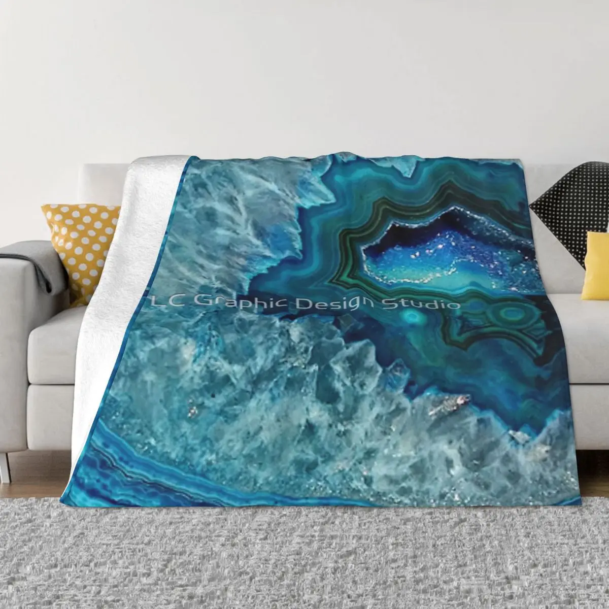 Teal Aqua Turquoise Blue Rock Agate Mineral Crystals Pattern Blanket