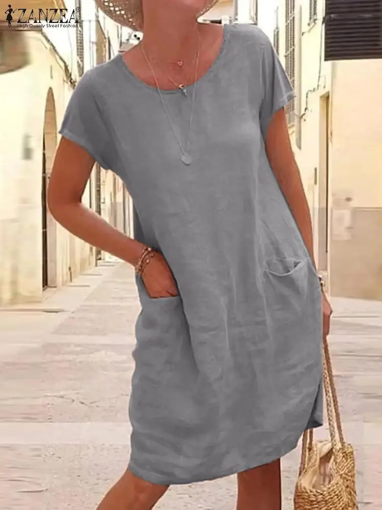 

ZANZEA Elegant Beach Vestidos Summer Women Dress Casual O-Neck Pockets Baggy Thin Sundress Short Sleeve Holiday Dresses Kaftan