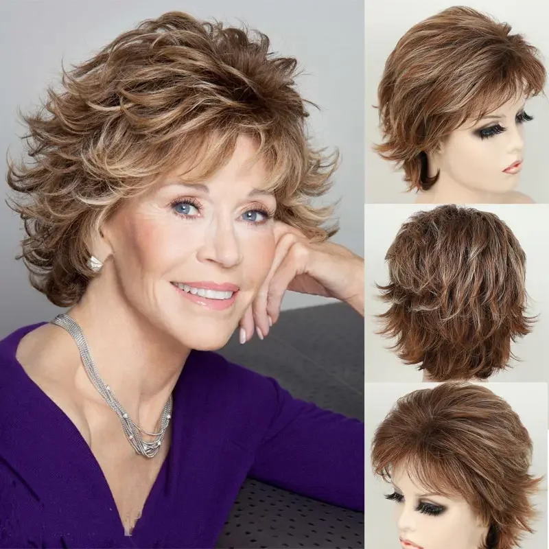 

Soft Short Hair for Mommy Daily Wear Fluffy Brown Curly Synthetic Wigs with Bangs Ombre Hairstyle Heat Resistant Party Wig