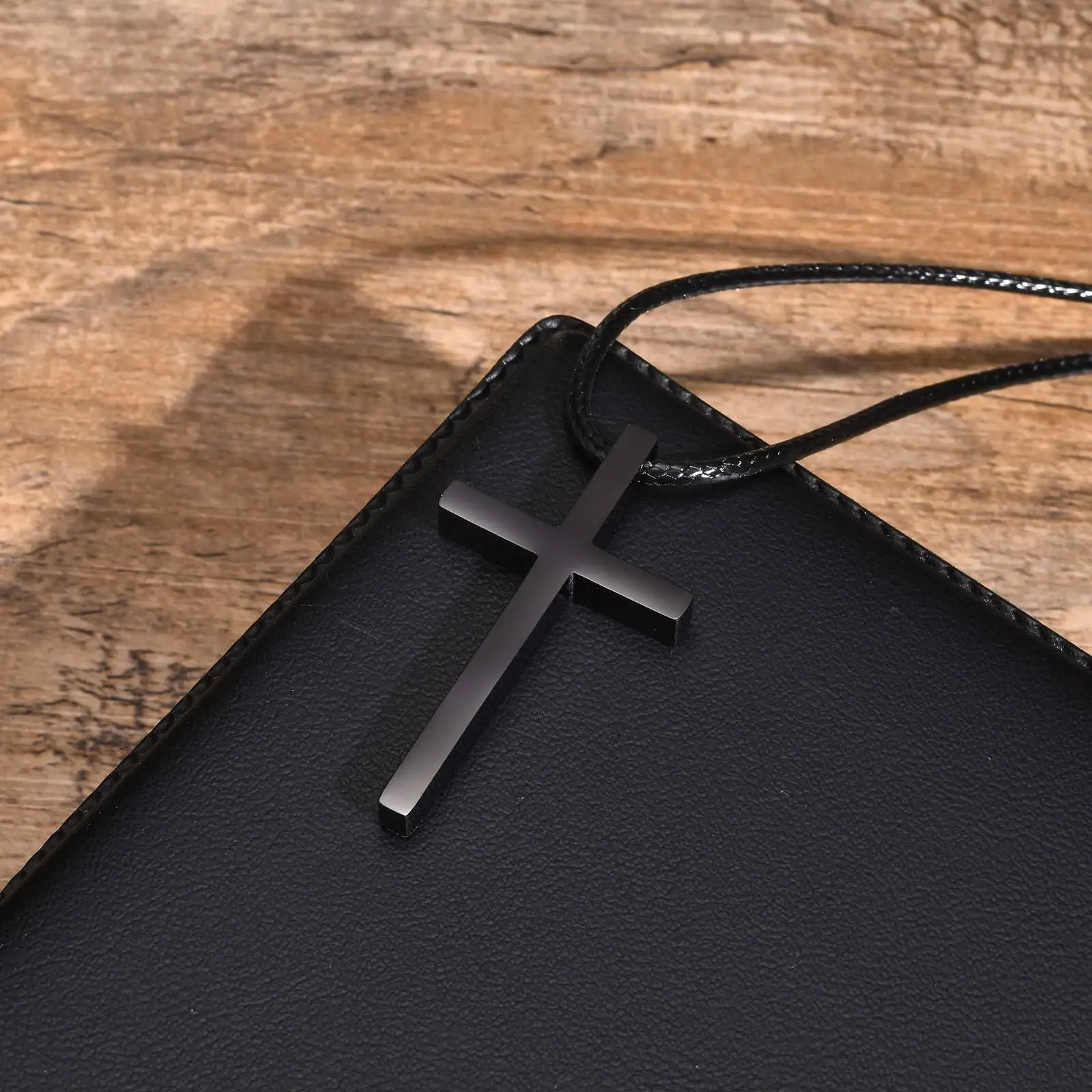 Simple Cross Pendant Necklaces for Men Boys,Stainless Steel Jesus Pendant with Black Wax Rope, Religious Prayer Blessing Gift