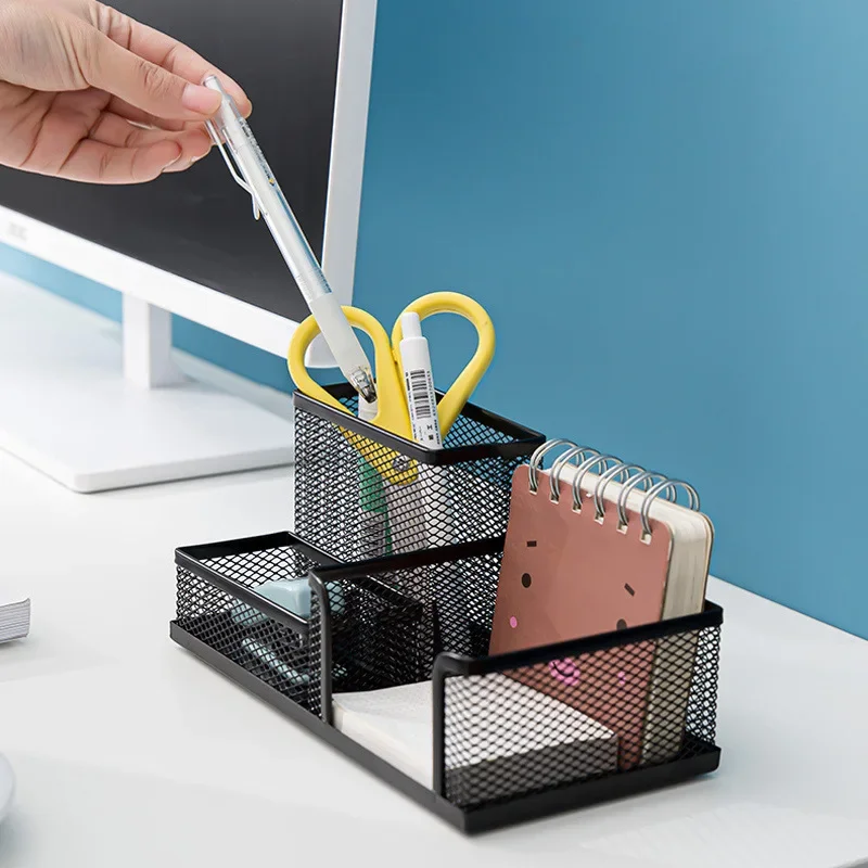 3-In-1 Desk Organizer Pencil Pen Holder Metal Hollow Mesh Wire Organizador De Escritorio Lapices Office Desk Accessories pen holder desk organizer pen and brush holder