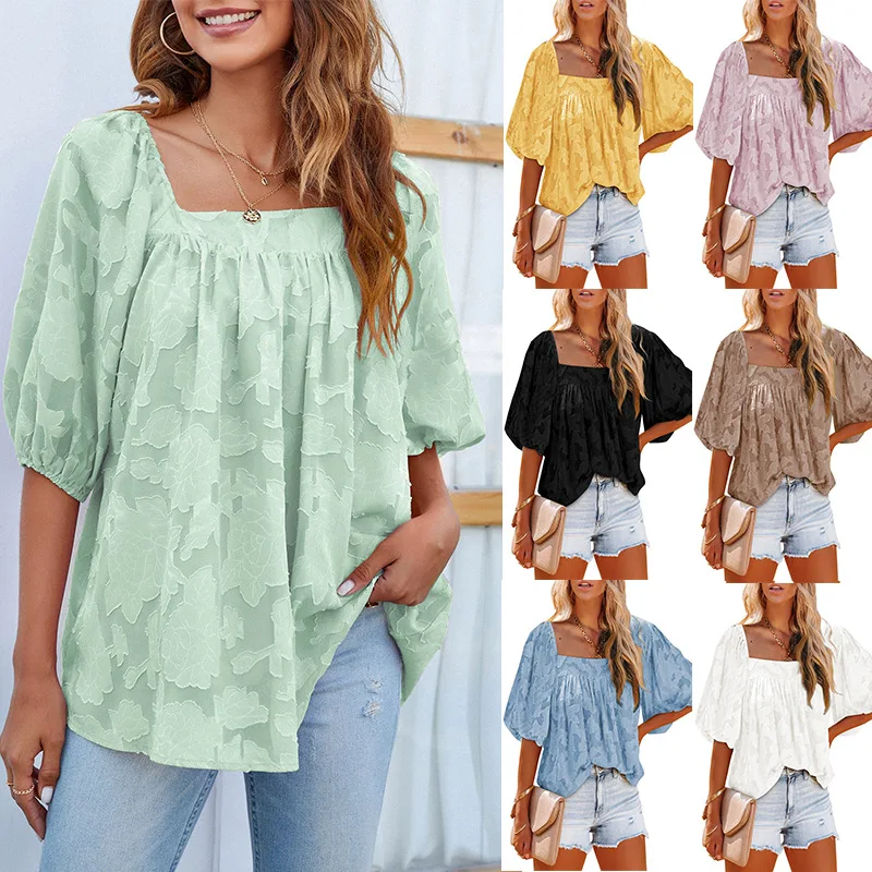 

Women's Blouse Summer Fashion New Vintage Square Collar Design Lantern Short Sleeve Casual Loose and Comfortable Top Clothing