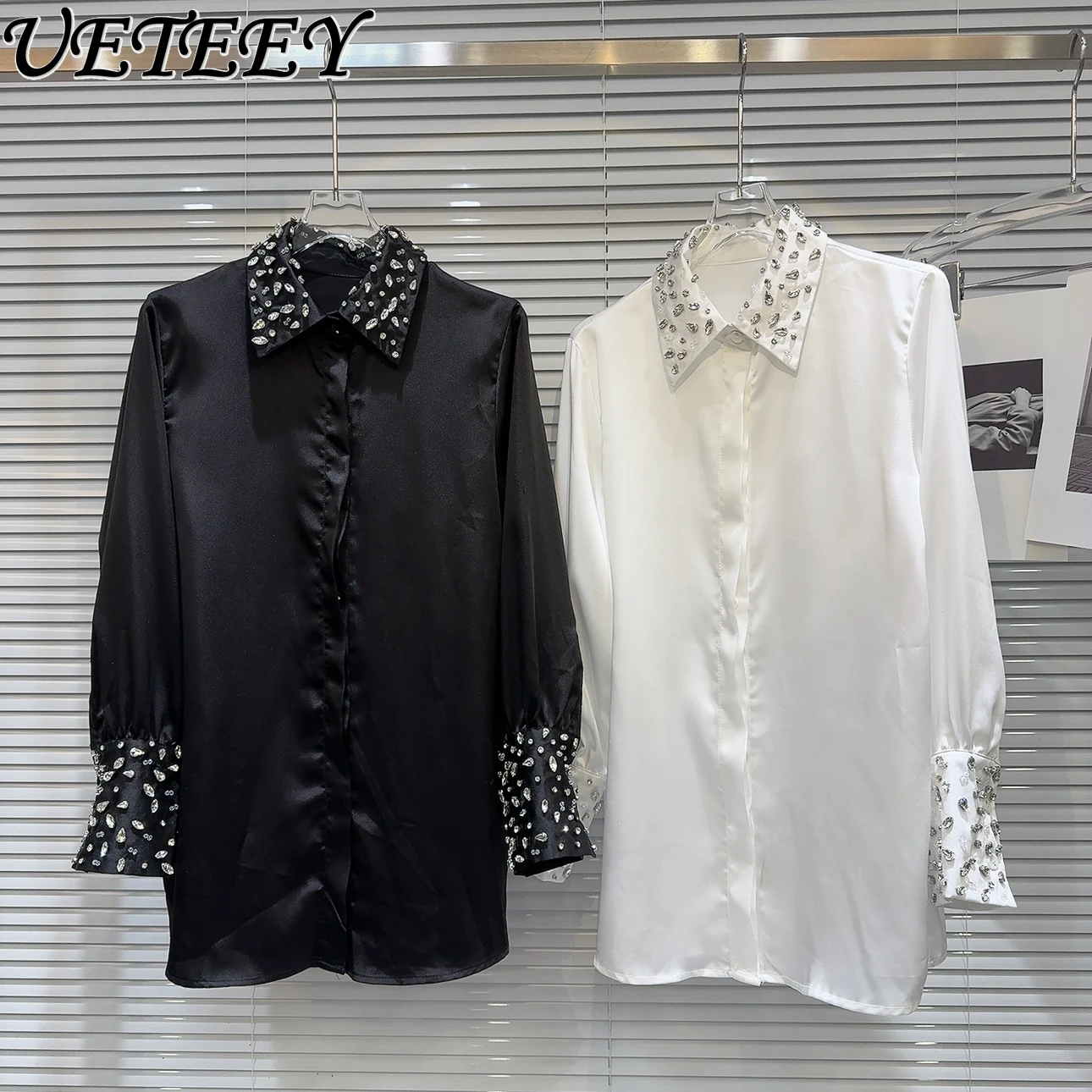 

Fashion Long Sleeve Tops 2024 Spring New Heavy Industry Neckline Mid-length Blouse Rhinestone Beaded Mercerized Mid-Length Shirt