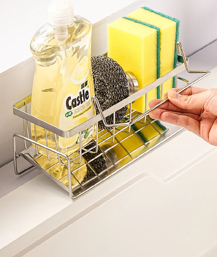 Waschbecken-Reinigungswerkzeuge, Aufbewahrungsregal für die Küche, multifunktionales Abflussregal aus Edelstahl für Schwammreiniger, Organizer, Lappenbügel – Detail 7