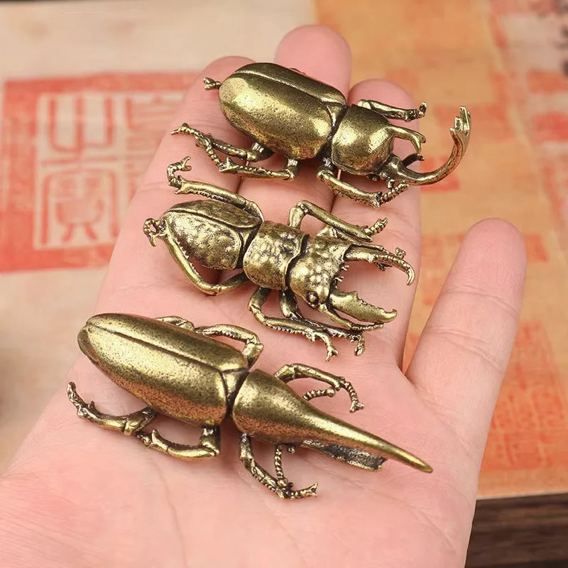 Retro Brass Beetle Figurines - Unique Insect Ornaments for Desk Decor and Collectible Gifts