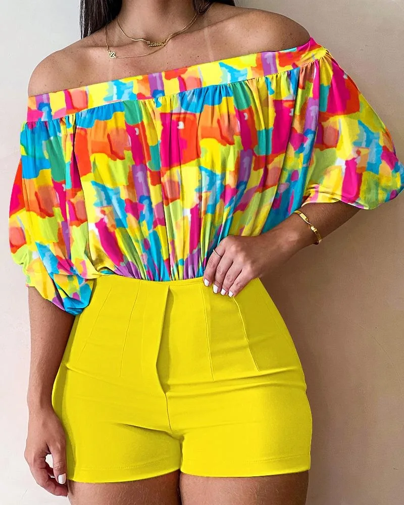 

Women Set Summer New Casual Slash Neck Off The Shoulder Women's Set Flower Print Pleated Lantern Sleeve Top And Shorts Set