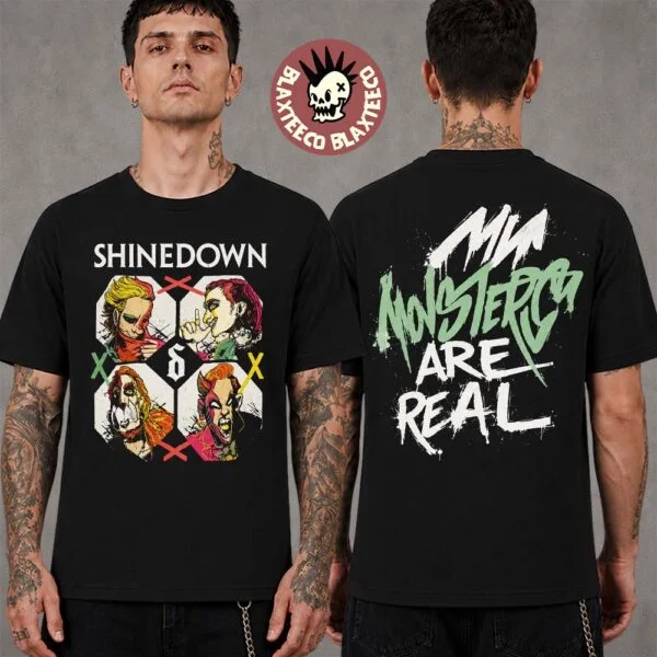 Shinedown Dance Kids zweite Saison 2026 Tour-Merchandise, mit einem Comic-artigen Monster, das tatsächlich existiert, auf einem T-Shirt.