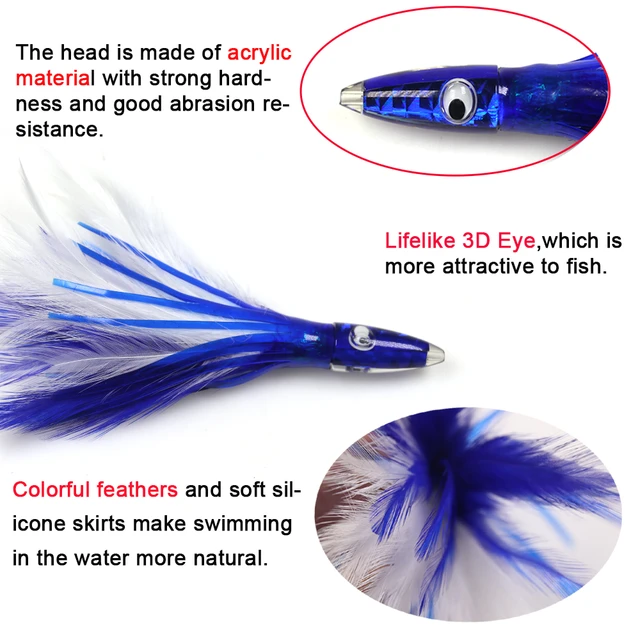 LIONRIVER 2Pcs Feather Skirt Hard Octopus Lure Squid Jigs Big Game Bait  Drag Fishing Bait For