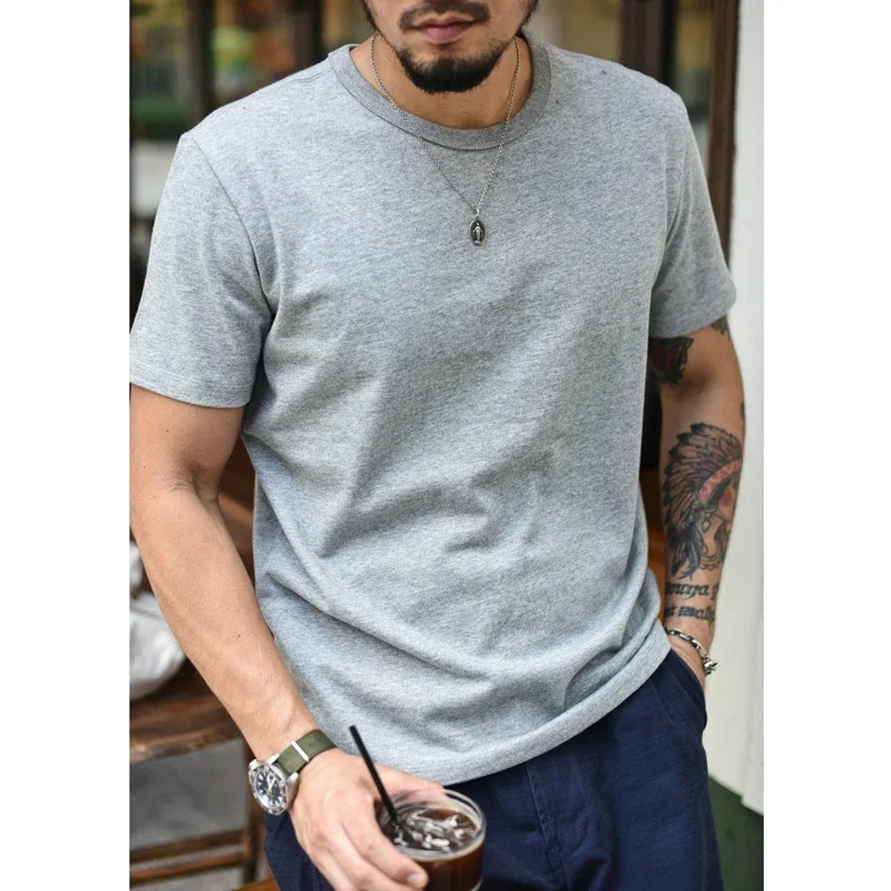 Saucezhan Tops & Tees Men's T-shirt Summer Short Sleeve 5 Colors Pure Cotton  Anti-deformation Double-woven fabric 340g 4
