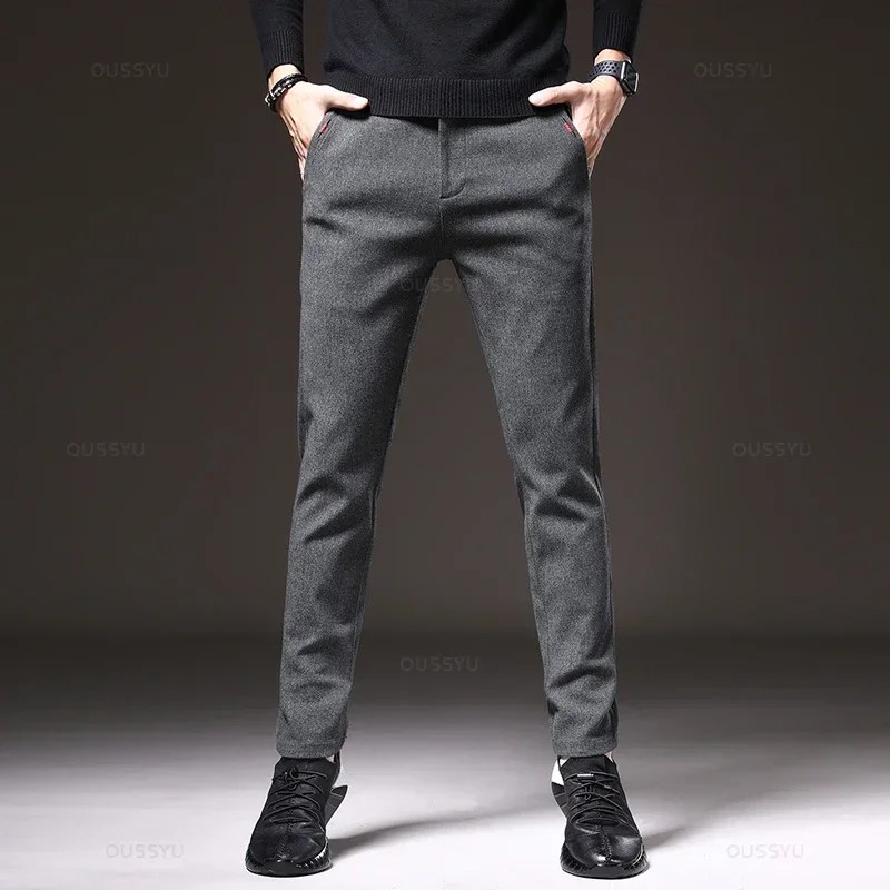 Spring Autumn Men's Casual Pants Business Fashion Elastic Waist Slim Fit Stretch Thick Gray Black Cotton Trousers Male 2