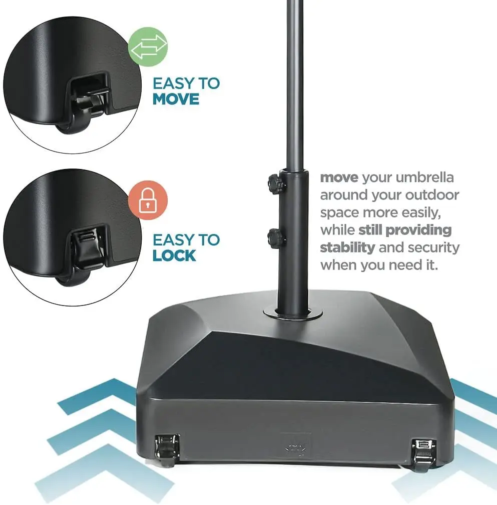 Umbrella Base - Fillable Umbrella Pole Holder 2 Knobs, with Heavy Duty Windproof Design  4 Wheels , 2 Locks, Holds 125 lbs