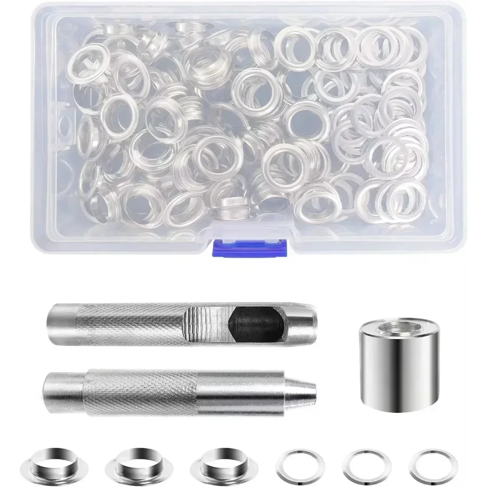 Grommet Tool Kit 100 Sets Grommets Eyelets 5mm 6mm 10mm 12mm Inside Diameter Silver for Clothes Shoes Bag Leather Crafts DIY