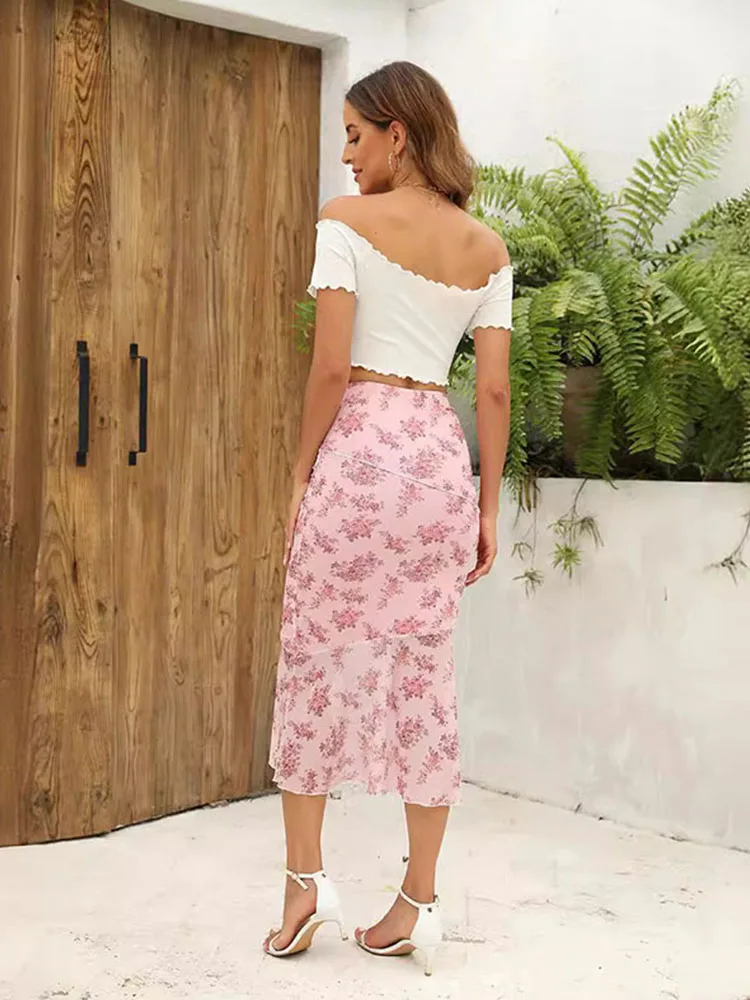 2025 Flower Print Midi Skirt High Waist Long Skirts For Women Vintage Streetwear Skirt Summer Elegant Women's Skirts 2
