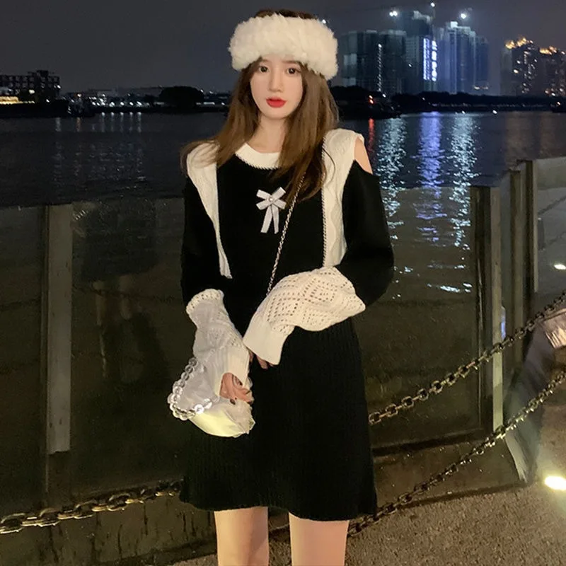 

Deeptown Korean Style Patchwork Mini Dress Women Y2k Aesthetic Off Shoulder Long Sleeve Bodycone Knitted Dresses Sweet Vestidos