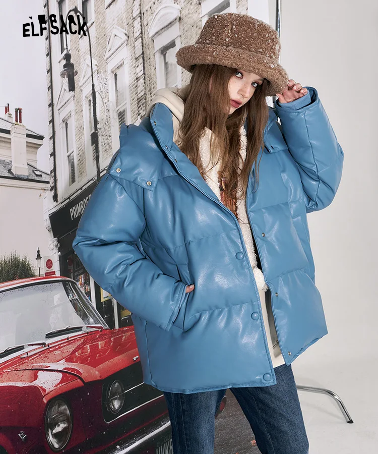 ELFSACK Korean Fashion Blue PU Down Coats Women 2023 Winter New Designer Outwears