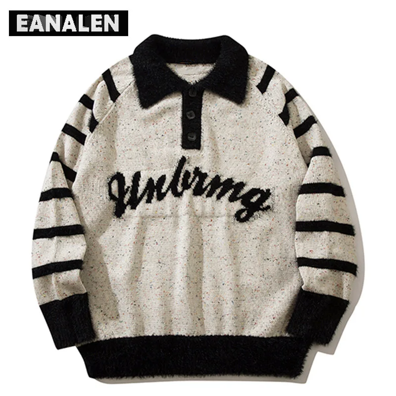 

Harajuku Letter Striped Lasel Knitted Sweater Men's Oversized Casual Designer Retro Jumper Pullover Grandpa Sweater Women's Y2K