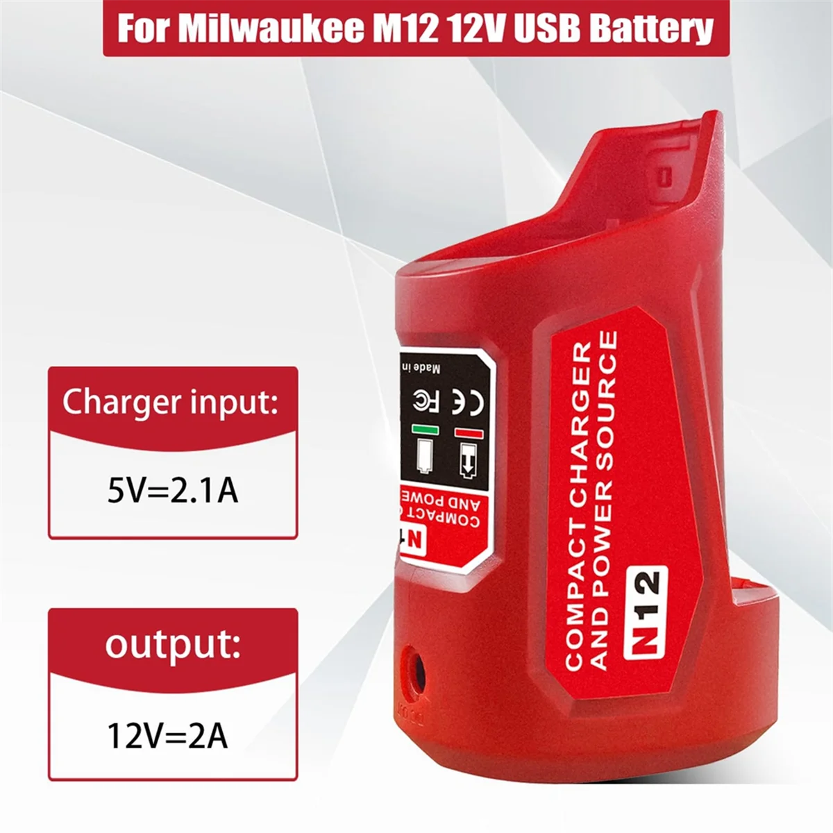 N12 Battery Power Source Adapter for Milwaukee 12V M12 Battery Power Wheel Charger Adapter with 12V DC Port USB2.0 Port 5