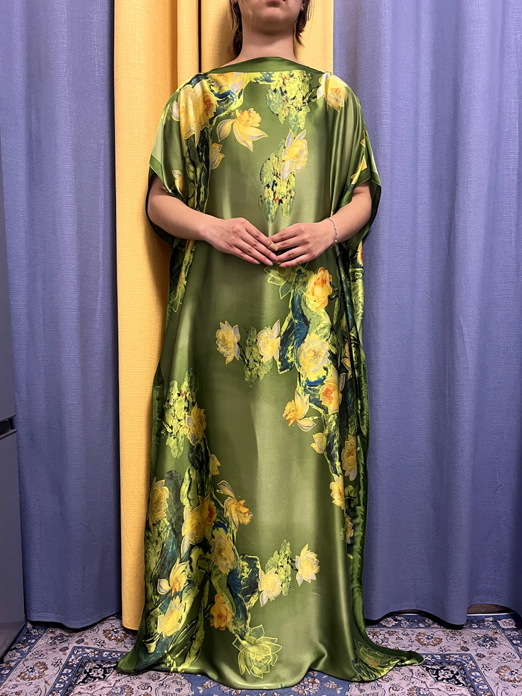 Abayas For Women 2023 Muslim Fashion Printed Floral Green Silk Loose Femme Robe African Nigeria Soft Summer Dresses With Turban
