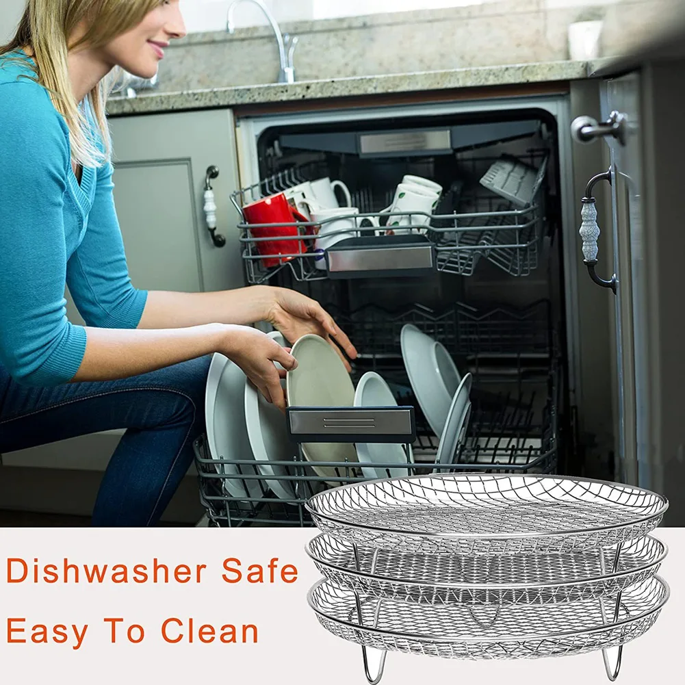8-Inch 3-Layers Air Fryer Rack Stackable Grid Grilling Rack Stainless Steel Round for Home Kitchen Oven Cooker HOT