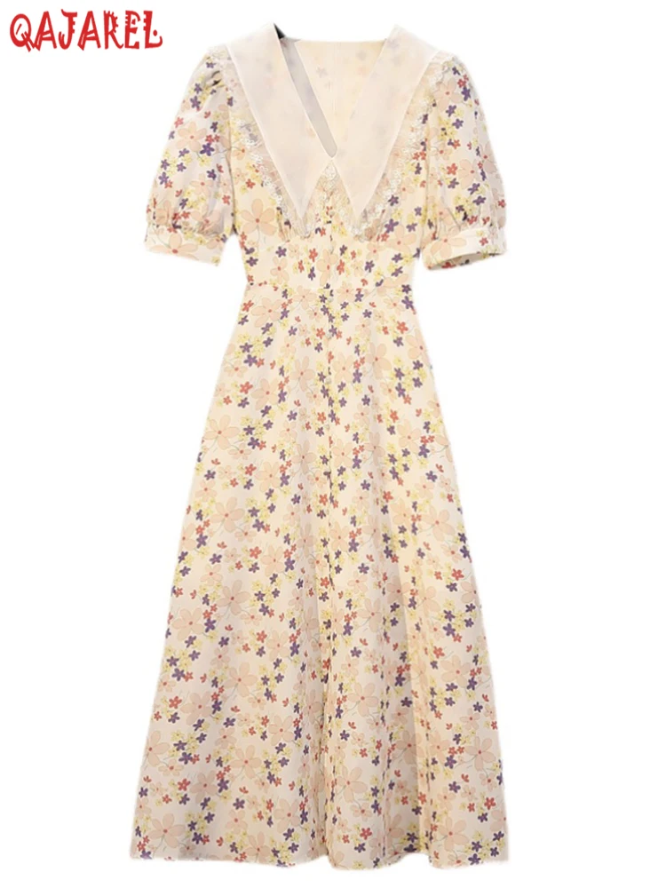 

Korean Fashion Doll Collar Floral Print Chiffon Pink Dress Summer New Vintage Bodycon Party Dress Women's Elegant Evening Dress