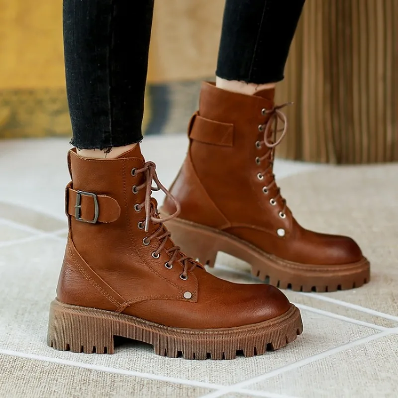 

2023 Autumn winter Women ankle boots natural leather 22-25cm Brushed cowhide+pigskin modern boots lace up buckle platform boots