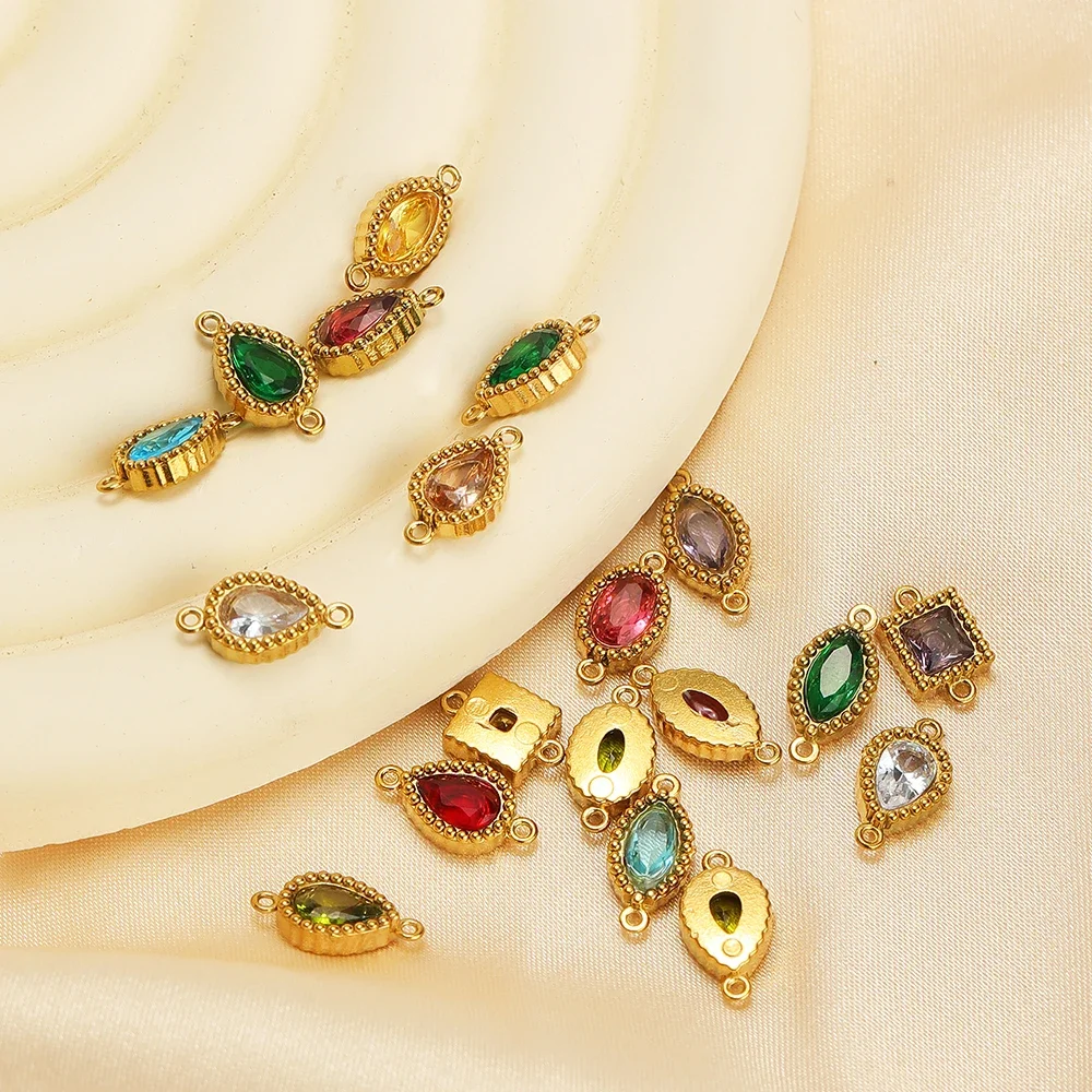 10pcs Stainless Steel Heart Oval Zircon Charm Double Holes