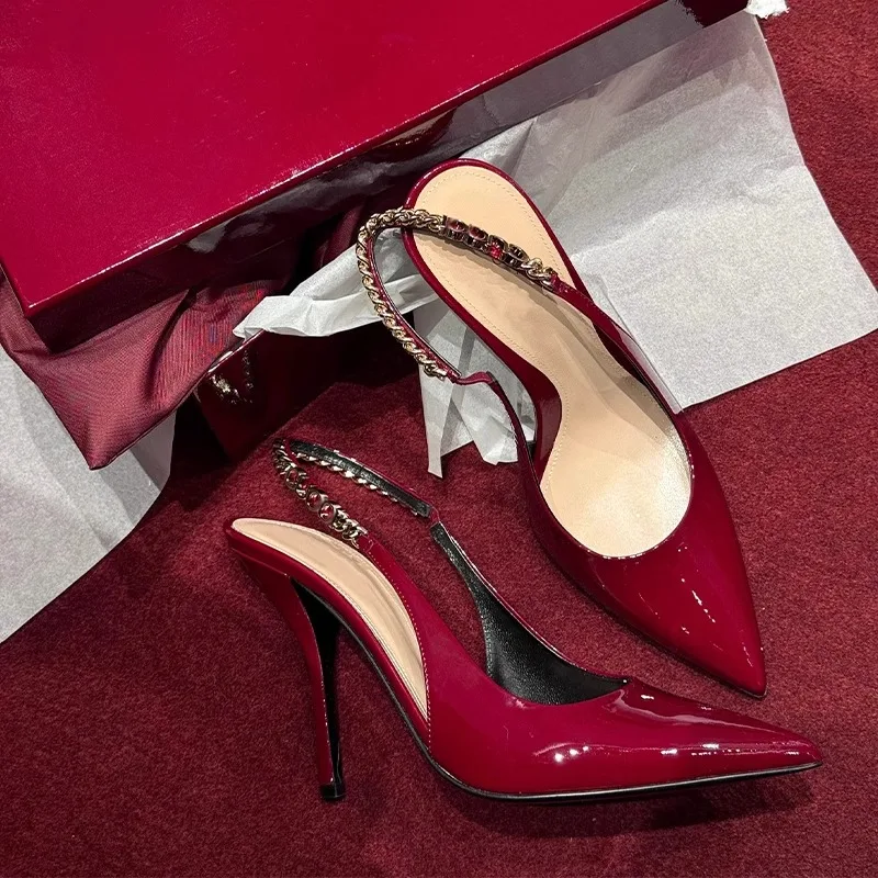 

Patent Leather Chain Letter Stiletto Pumps Catwalk Pointed Toe Shallow Toe Back Strap Sandals Women Shoes Sandalias Mujer Verano