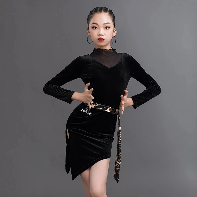 

2023 New Latin Dance Practice Clothes Girls Long-Sleeved Dress Children'S Latin Dance Costuems Competition Dance Dress
