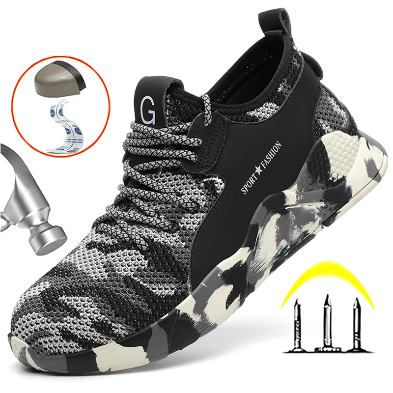 

Camouflage Work Shoes Men Anti-smash Anti Puncture Men Safety Shoes Breathable Indestructible Shoes Steel Toe Work Sneakers Men