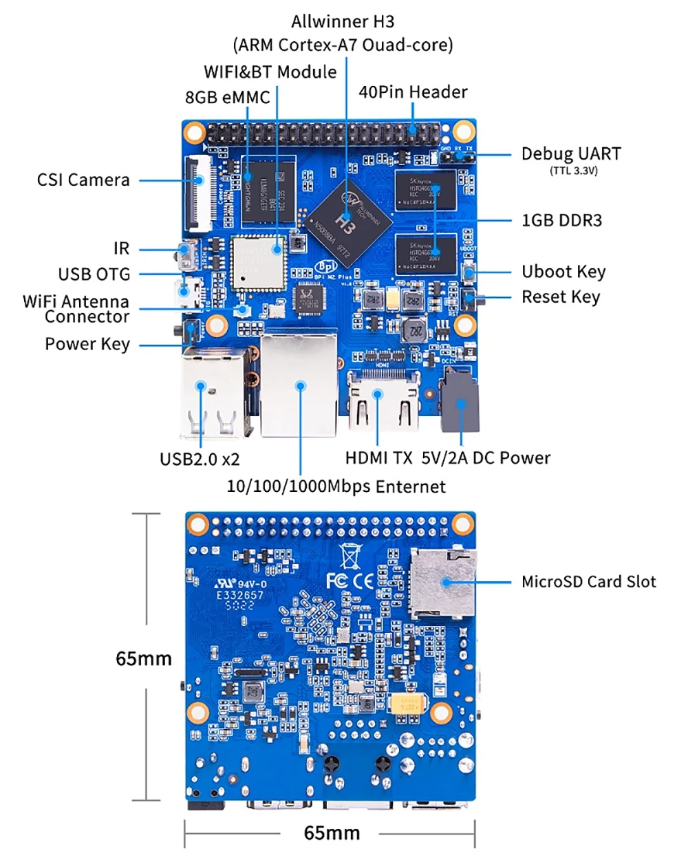 Banana Pi BPI M2 Plus Allwinner H3 1GB SDRAM BPI-M2+ HDMI Out WiFi BT CSI Androi