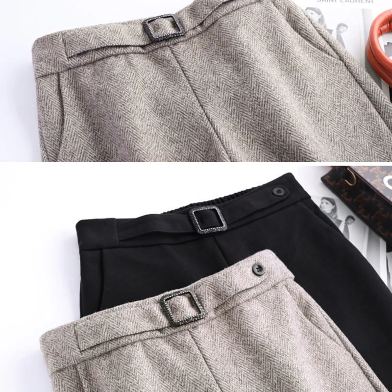 Autumn Winter Fleece Lined Flare Pant Women Korean High Waist  Woolden Blend Casual Trousers Big Size Plus Velvet Mom Pantalones