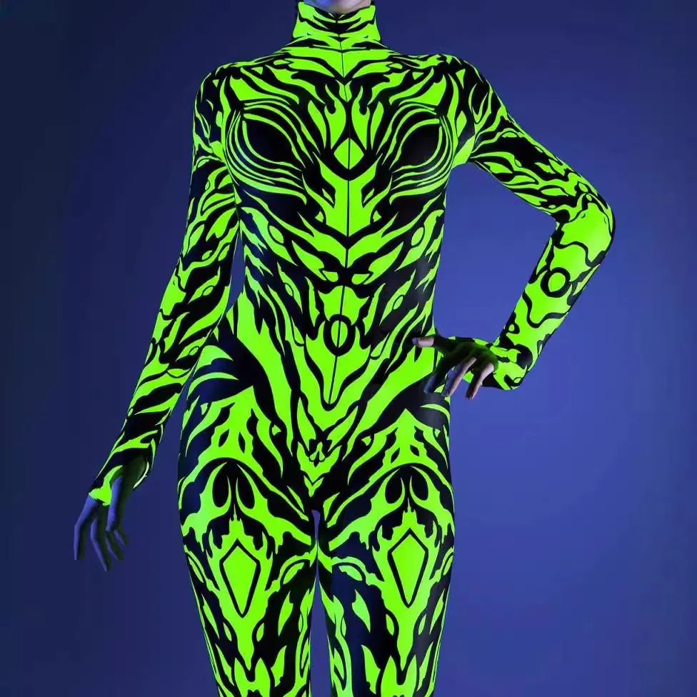 Halloween Costumes for Women 3D Abstract Print Full Body Jumpsuit Sexy Skinny High Neck Zentai Suit for Carnival Cosplay