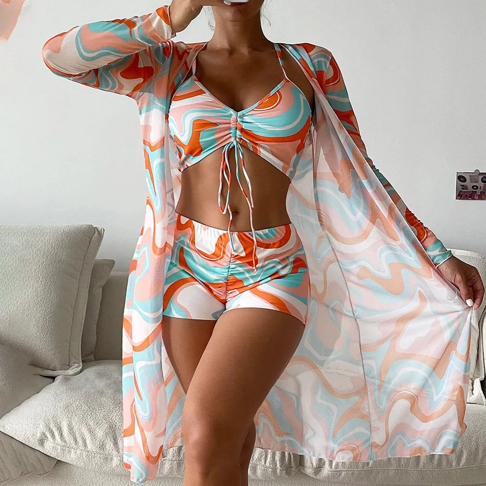 

Комплект бикини из трех предметов, пляжная юбка, туники для пляжа, накидка, купальник, женский удобный купальный костюм, летняя пляжная одежда