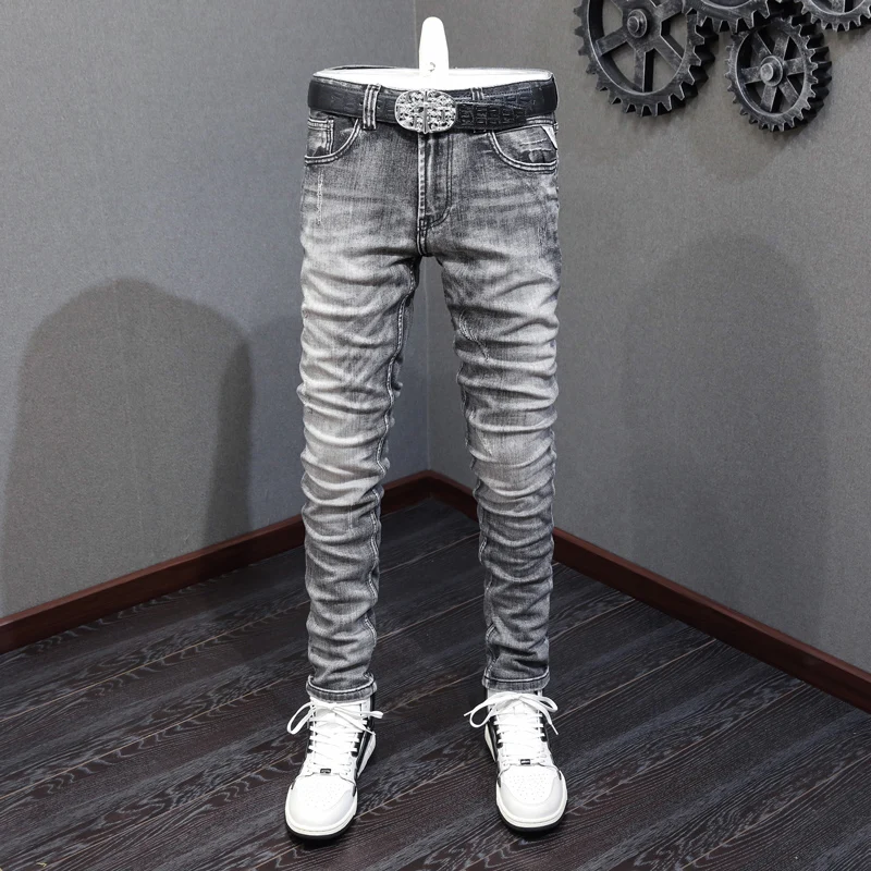 street fashion men jeans retro black gray elastic slim ripped jeans men vintage trousers patches designer hip hop pants hombre Fashion Designer Men Jeans High Quality Retro Black Gray Elastic Slim Fit Ripped Jeans Men Trousers Vintage Denim Pants Hombre