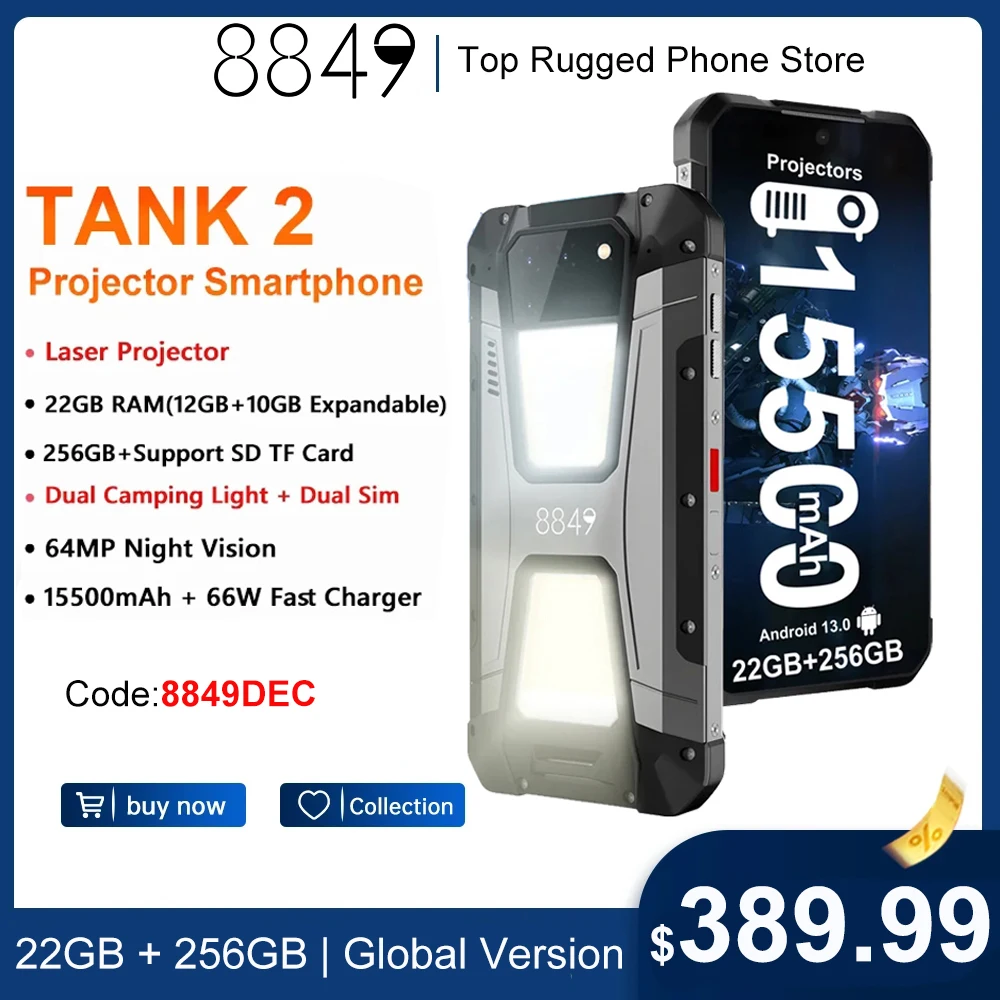 

In Stock 8849 Tank 2 by Unihertz Projector Rugged Smartphone 22GB 256GB Cellphone 108MP G99 Night Vision IP68 Mobile Phone