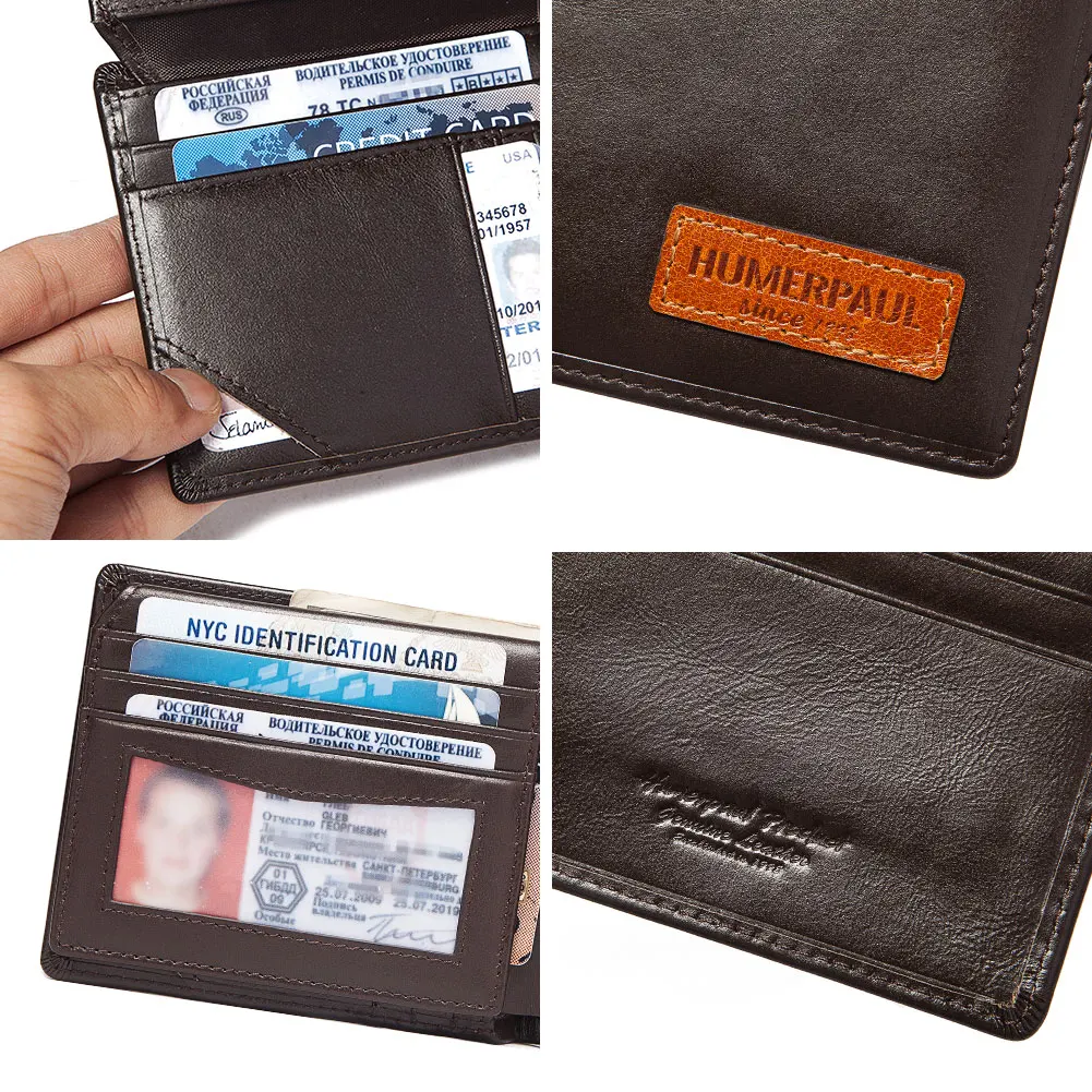 Leather Wallet HUMERPAUL Airtag Wallet For Men Real Leather RFID Trifold Card Holder Case with ID Window Slim Anti-lost
