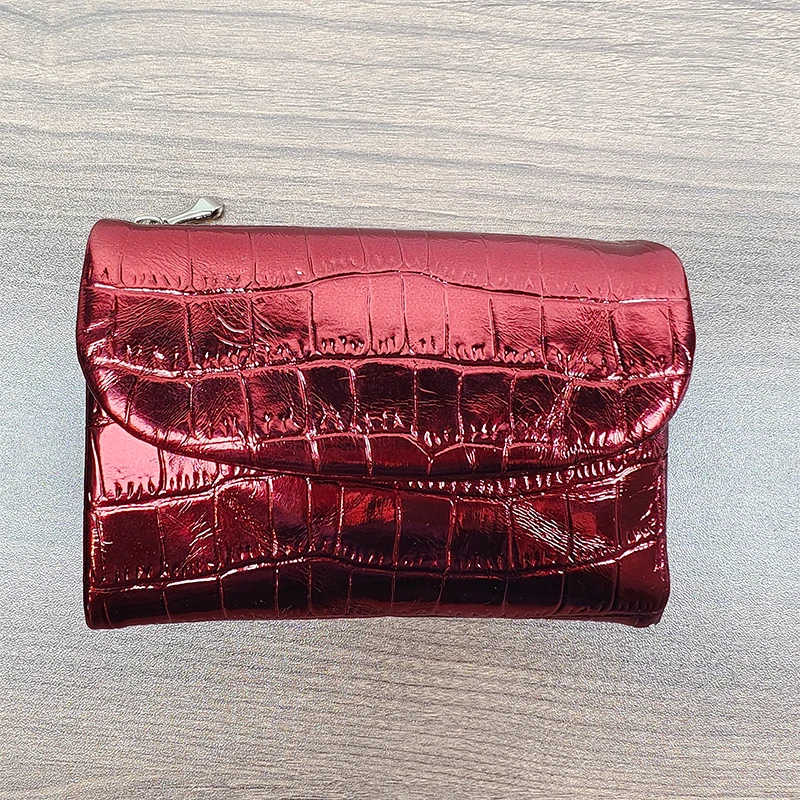 Women Wallet Leather Wallet Women Purse Card Wallet Women's Fashion Metallic Crocodile Pattern Short Wallet Genuine Cow Leather Animal Embossed Ladies Purse Clutch Small Organizer