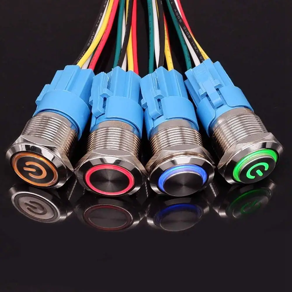 Metal Push Button Switch 12mm 16mm 19mm 22mm Flat Head 1NO1NC Start Stop LED Light Red Orange Blue Green White 3v 12v 24v 110v