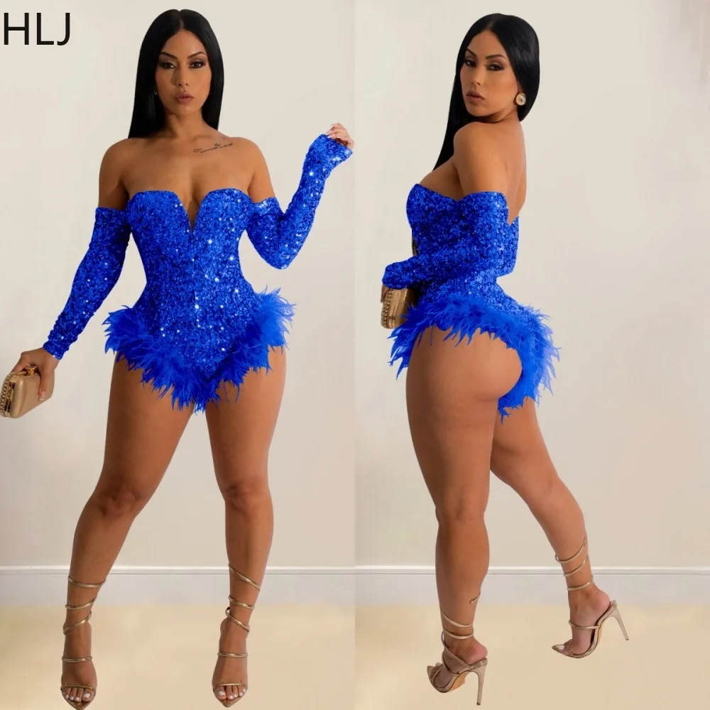 

HLJ New Chic Fur Glam Sequin Rompers for Women Long Sleeve Deep V Off Shoulder Feather Patchwork Club Party Outfits Jumpsuits