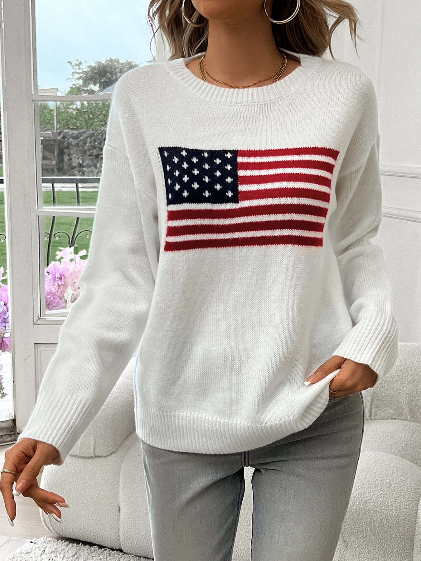 American Flag Crew Neck Long Sleeve Pullover Women's Sweater 6
