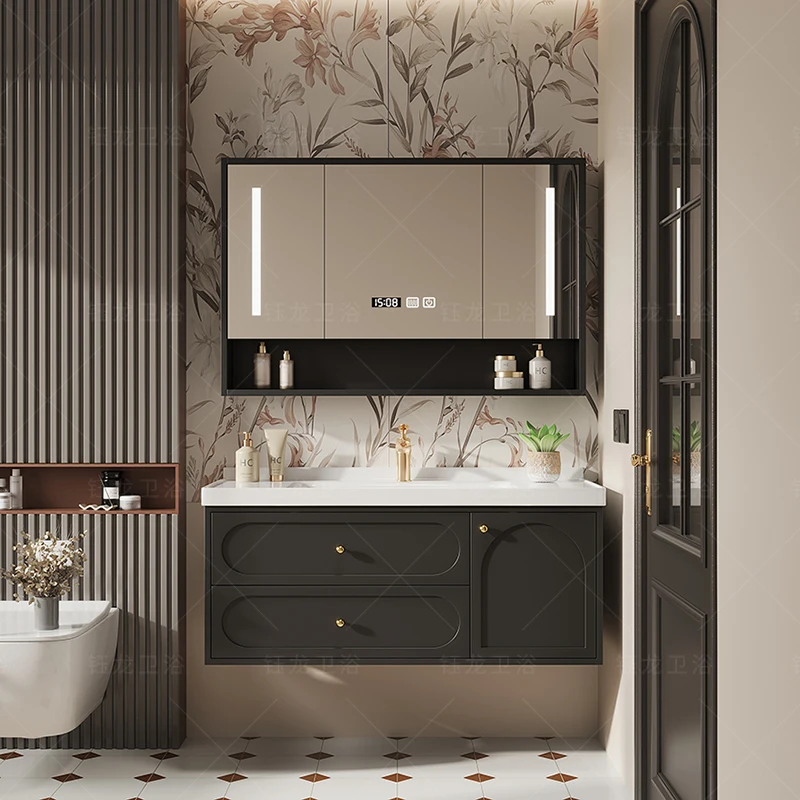 

Custom-made French light luxury bathroom cabinet combination ceramic integrated toilet, modern minimalist vanity, oak lacquered