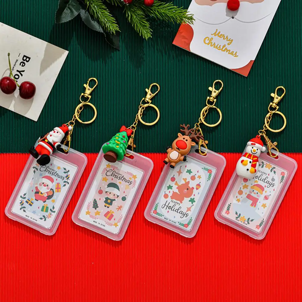 

Easy Swipe Card Holder Card Cover Keyring Double-sided Waterproof Plastic Card Holders with Festive Christmas Tree Snowman